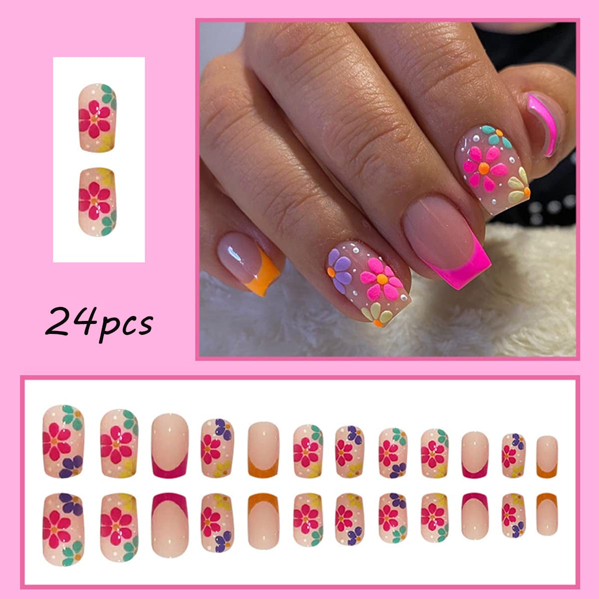 24PCS Square Press on Nails Medium Flower False Nails with Designs Nude Pink Acrylic French Nail Tips Glossy Nail Decorations Artificial Full Cover Glue on Nails Stick on Nails for Women Girls