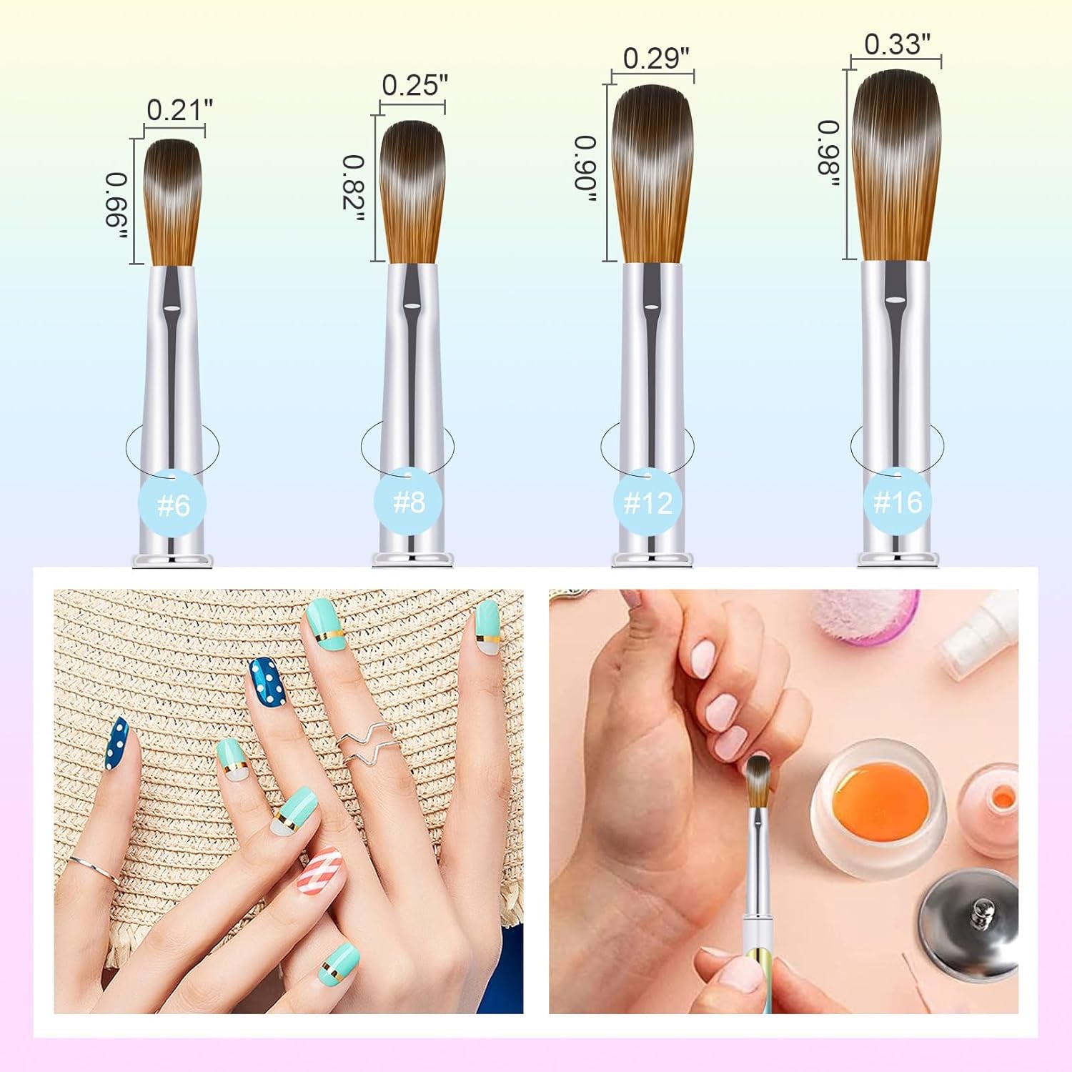 4PCS Kolinsky Nail Brush Set - 6/8/12/16. Oval Shaped Acrylic Powder Nail Design Tools for Professional Manicure DIY