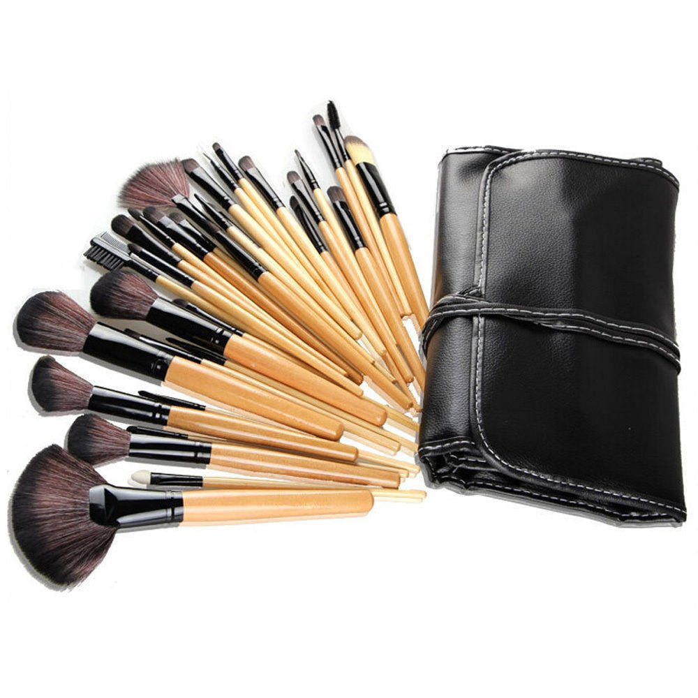 Professional Soft Cosmetic Eyeshadow Eyebrow Makeup Brush (Wooden Handle) Tool Set + Bag (32X Pc Mega Make-Up Brush Set)