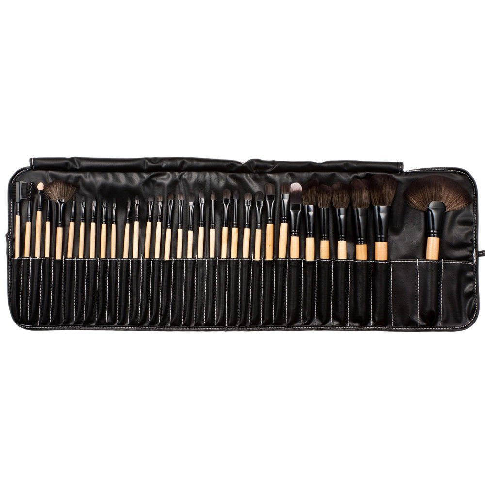 Professional Soft Cosmetic Eyeshadow Eyebrow Makeup Brush (Wooden Handle) Tool Set + Bag (32X Pc Mega Make-Up Brush Set)