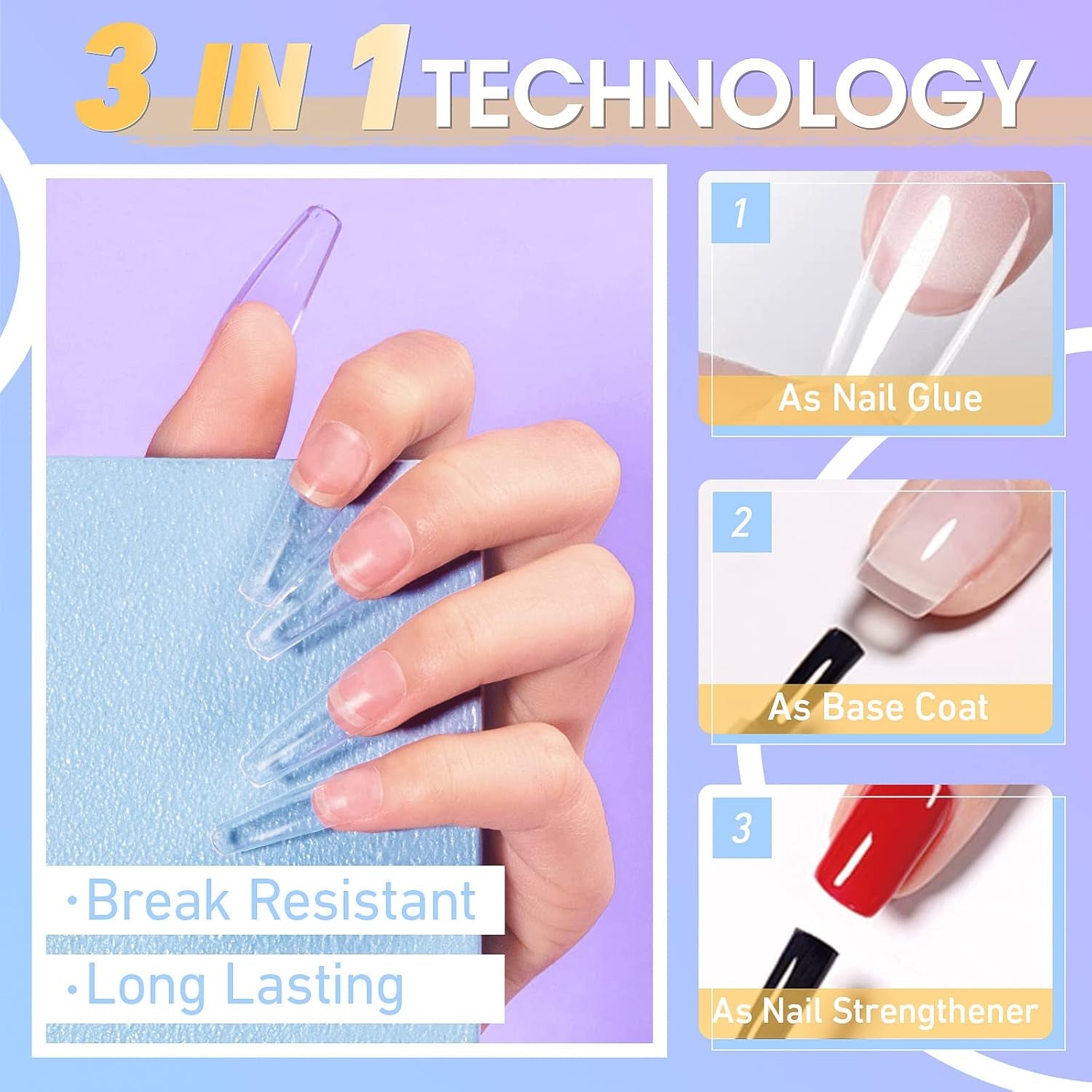 Nail Glue Gel, 2PCS 15ML 3 in 1 Gel Nail Glue for Acrylic Nail & Base Gel & Nail Strengthener Kit, Nail Glue for Press on Nails False Nails, Super Strong Gel Glue for Nail Extension