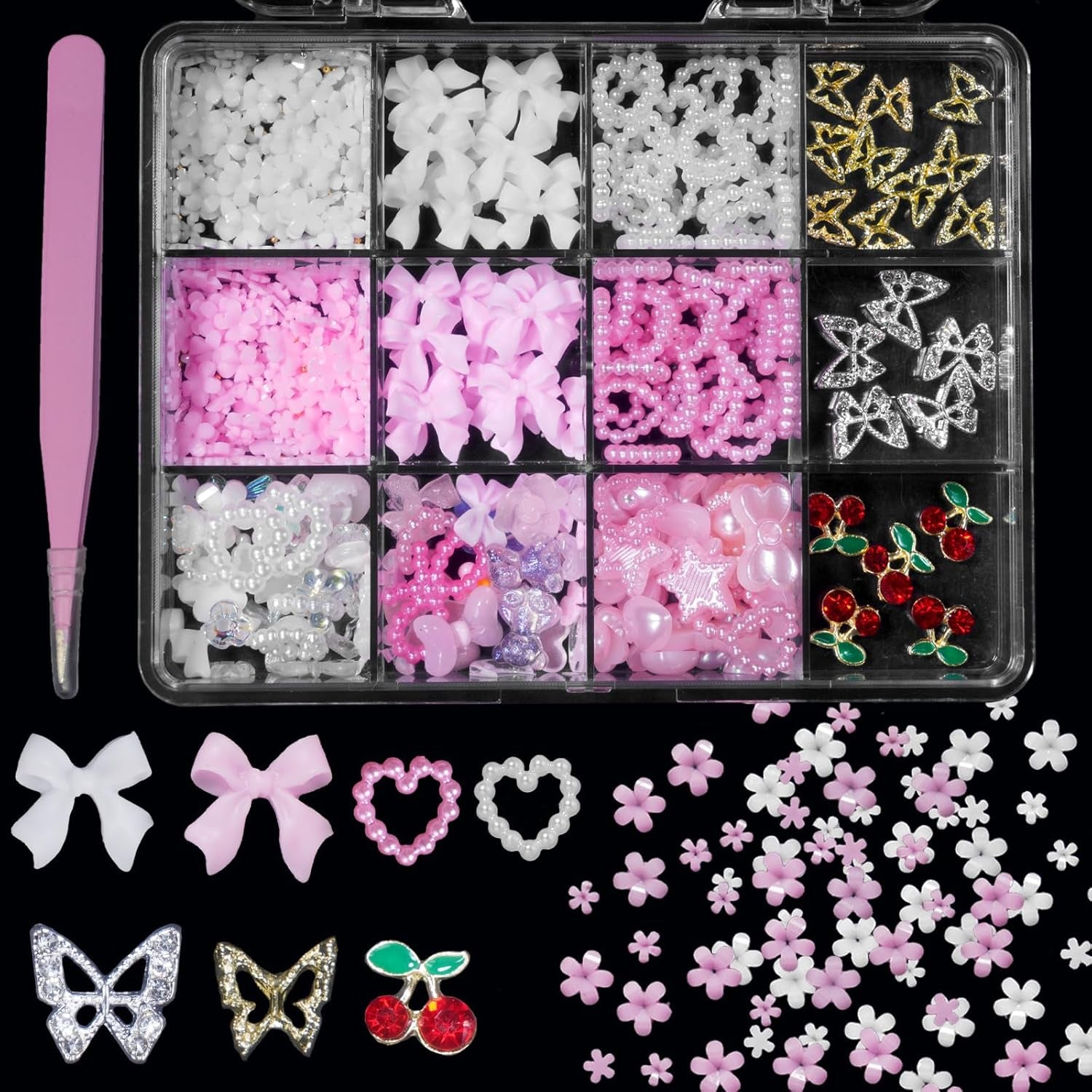 3D Flower Bows Nail Charms, Heart Nail Pearls Charms, Alloy Cherry Butterfly Rhinestones Nail Gems Charms for Junk Cases Nail Art DIY Accessories