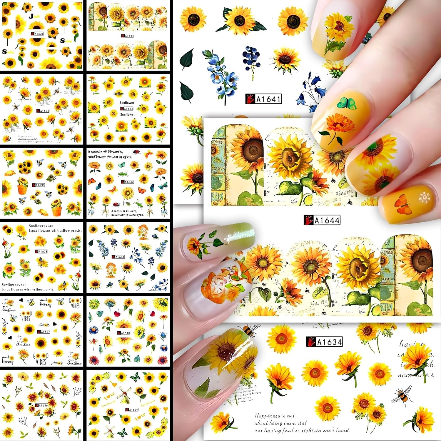 12 Groups Nail Stickers for Nail Art Flowers Nail Decals Fall Sunflower Pattern Pegatinas Uñas Nail Decals Water Decals for Nails Floral Designs Manicure Decoration Accessories for Women Girls
