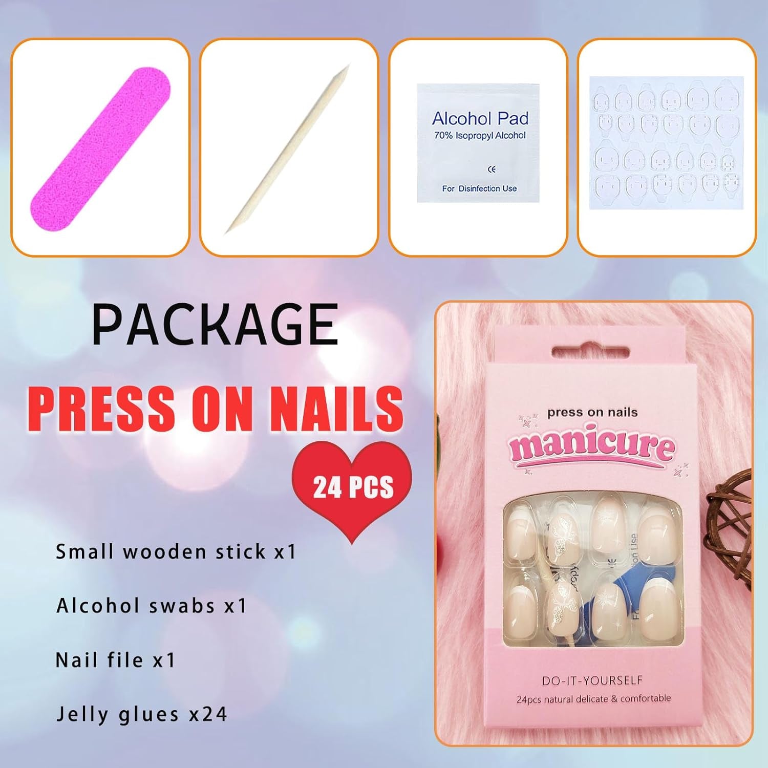 Press on Nails Short Oval White French Tip Fake Nails Snowflake Glitter Butterfly with Designs Glue on Nails Short Oval Acrylic False Nails for Women 24 Pcs