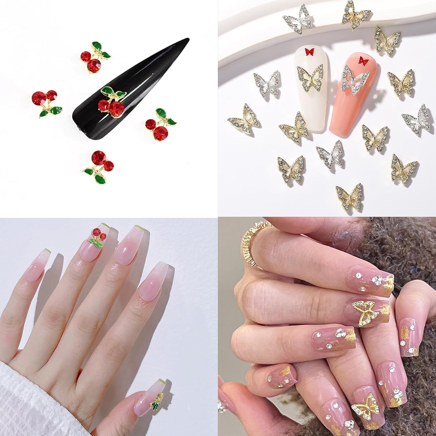 3D Flower Bows Nail Charms, Heart Nail Pearls Charms, Alloy Cherry Butterfly Rhinestones Nail Gems Charms for Junk Cases Nail Art DIY Accessories