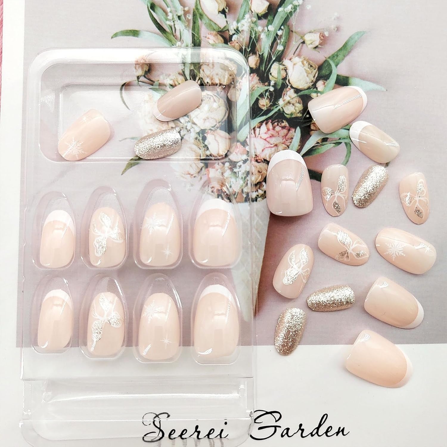 Press on Nails Short Oval White French Tip Fake Nails Snowflake Glitter Butterfly with Designs Glue on Nails Short Oval Acrylic False Nails for Women 24 Pcs
