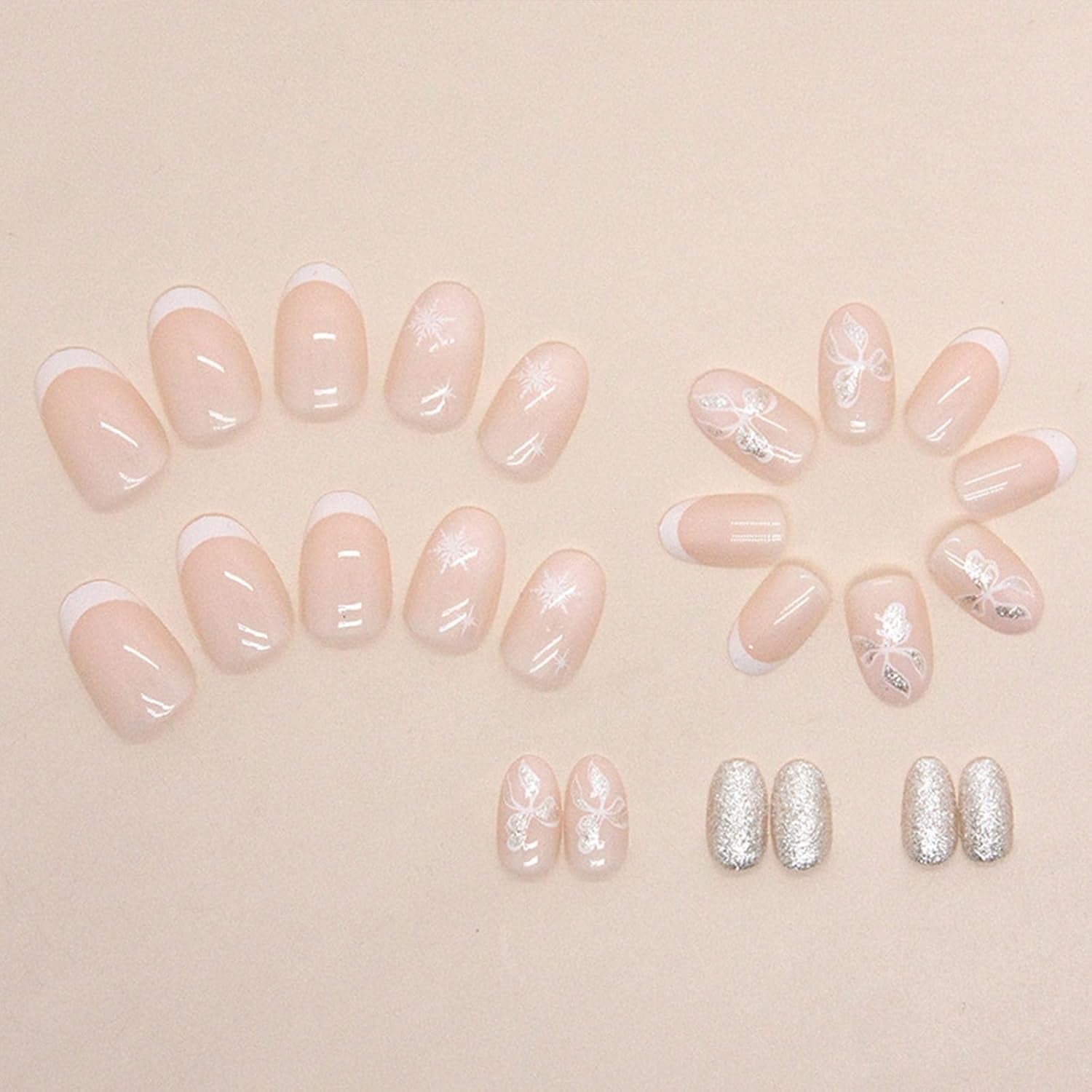 Press on Nails Short Oval White French Tip Fake Nails Snowflake Glitter Butterfly with Designs Glue on Nails Short Oval Acrylic False Nails for Women 24 Pcs