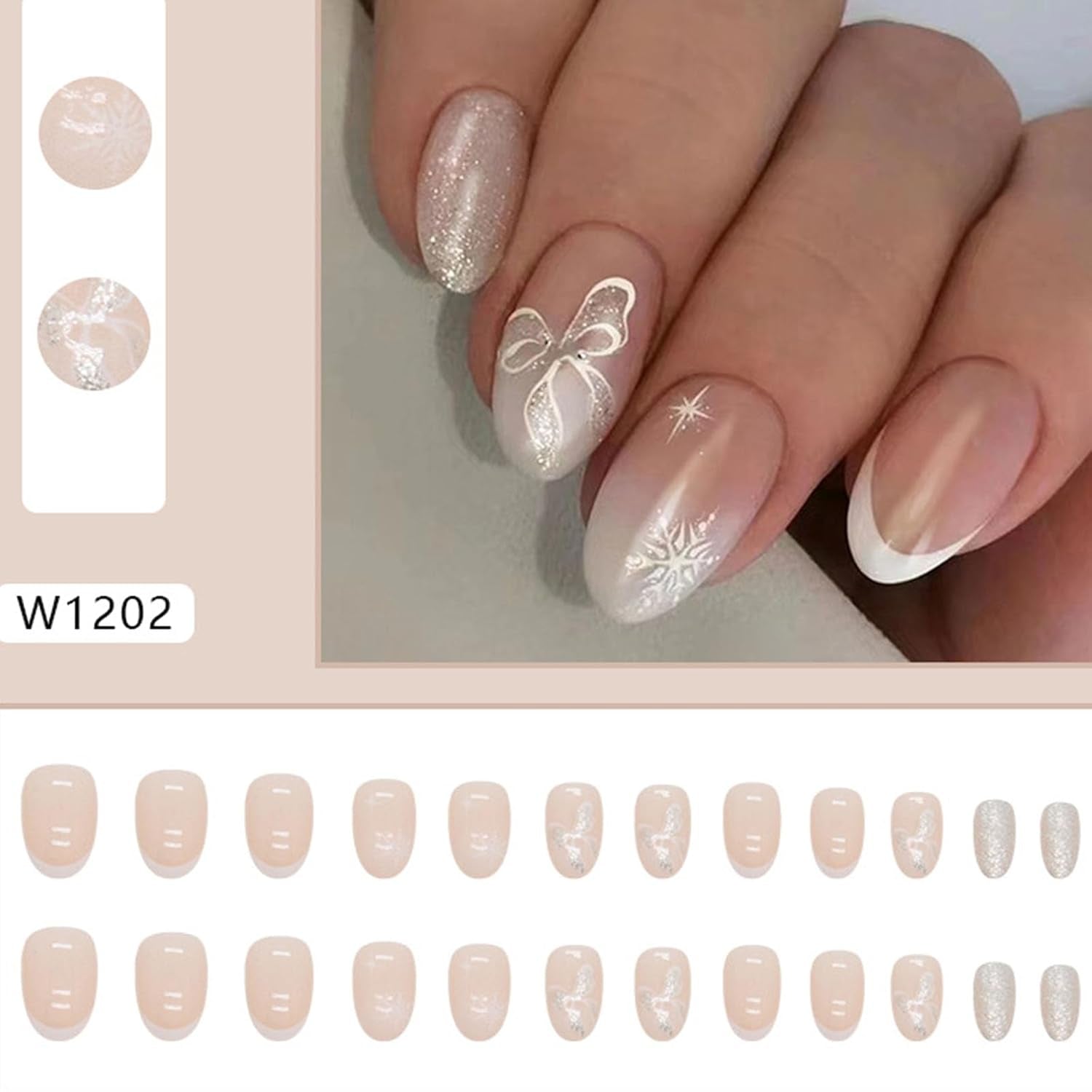 Press on Nails Short Oval White French Tip Fake Nails Snowflake Glitter Butterfly with Designs Glue on Nails Short Oval Acrylic False Nails for Women 24 Pcs
