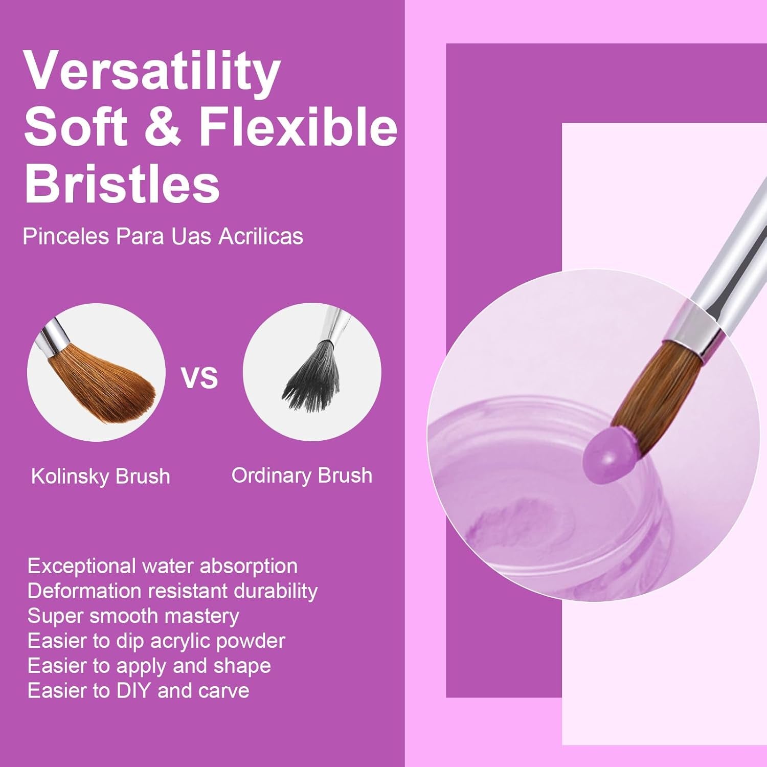 4PCS Kolinsky Nail Brush Set - 6/8/12/16. Oval Shaped Acrylic Powder Nail Design Tools for Professional Manicure DIY
