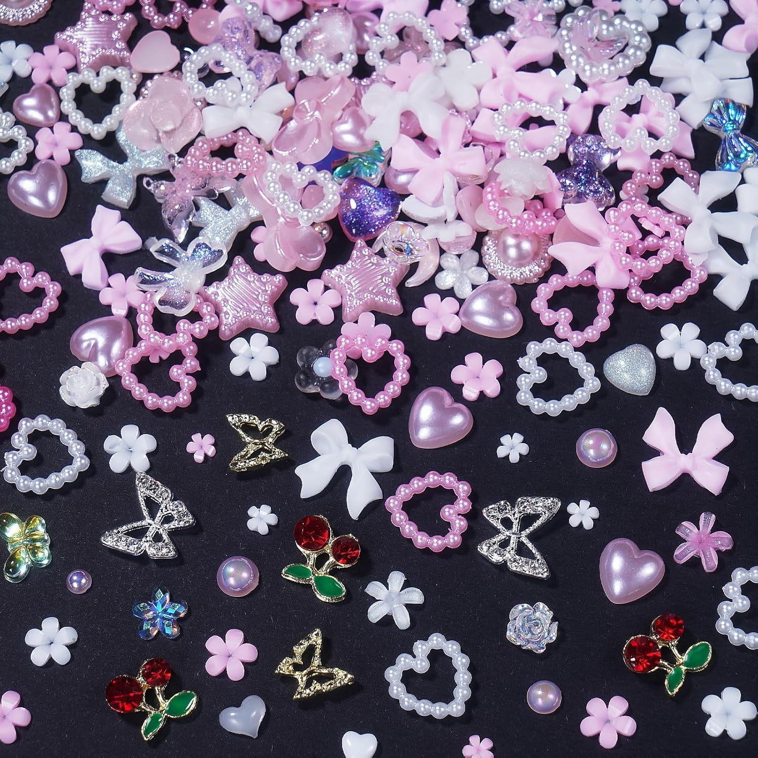 3D Flower Bows Nail Charms, Heart Nail Pearls Charms, Alloy Cherry Butterfly Rhinestones Nail Gems Charms for Junk Cases Nail Art DIY Accessories