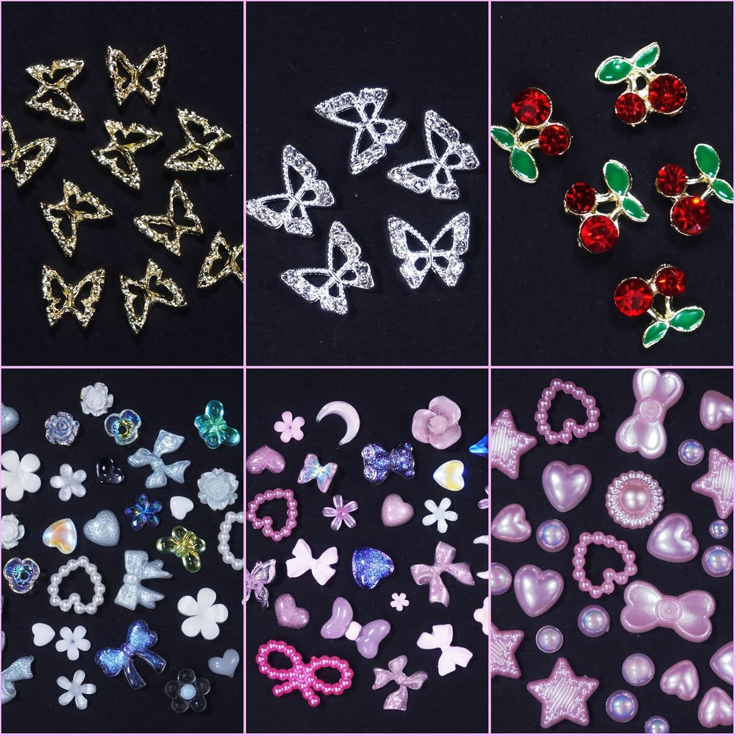 3D Flower Bows Nail Charms, Heart Nail Pearls Charms, Alloy Cherry Butterfly Rhinestones Nail Gems Charms for Junk Cases Nail Art DIY Accessories