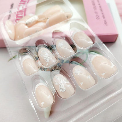 Press on Nails Short Oval White French Tip Fake Nails Snowflake Glitter Butterfly with Designs Glue on Nails Short Oval Acrylic False Nails for Women 24 Pcs