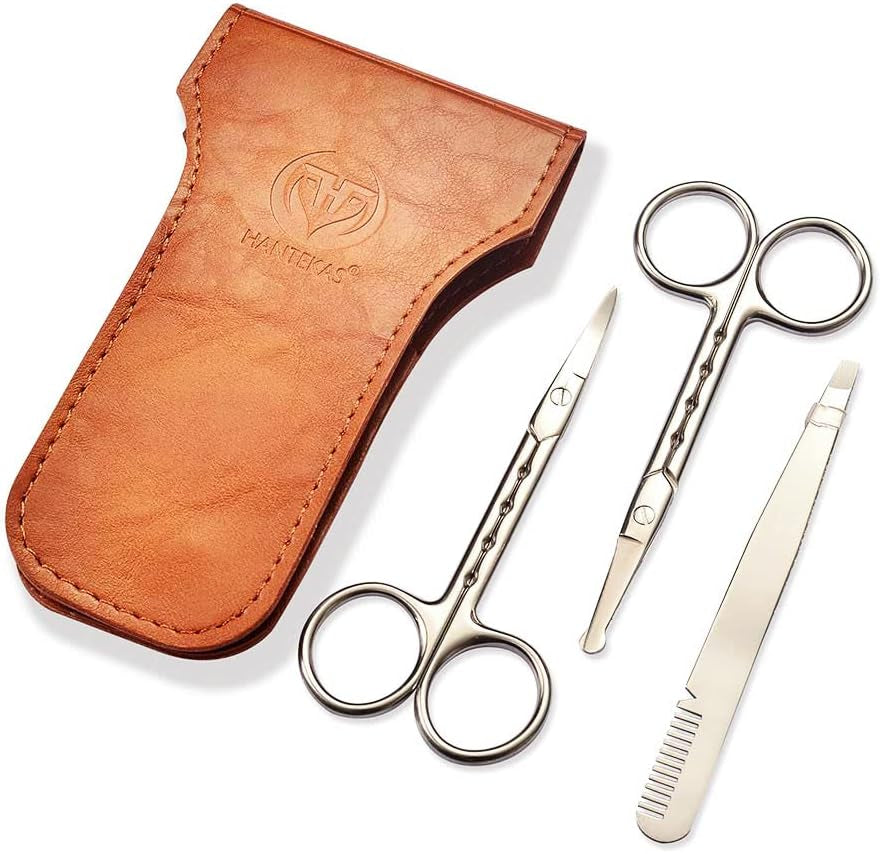 Professional Stainless Steel Curved Rounded Facial Hair Scissors Tweezers Set for Men Moustache, Nose Hair, Beard Trimming Scissors,Safety Use for Eyebrows,Eyelashes,Ear Hair - PU Leather Bag