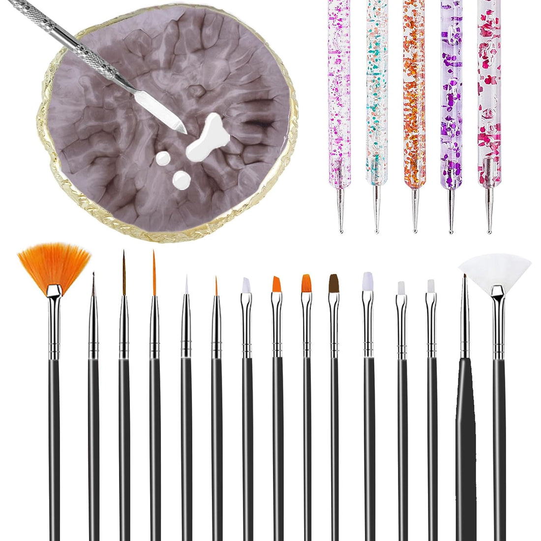 22 Pcs Nail Art Brushes Set, 1 Pcs Resin Nail Art Palette, 15 Pcs Nail Art Brushes, 5 Pcs Nail Art Dotting Pens, a Spatula, Nail Design Tools for Nail Art Home Salon