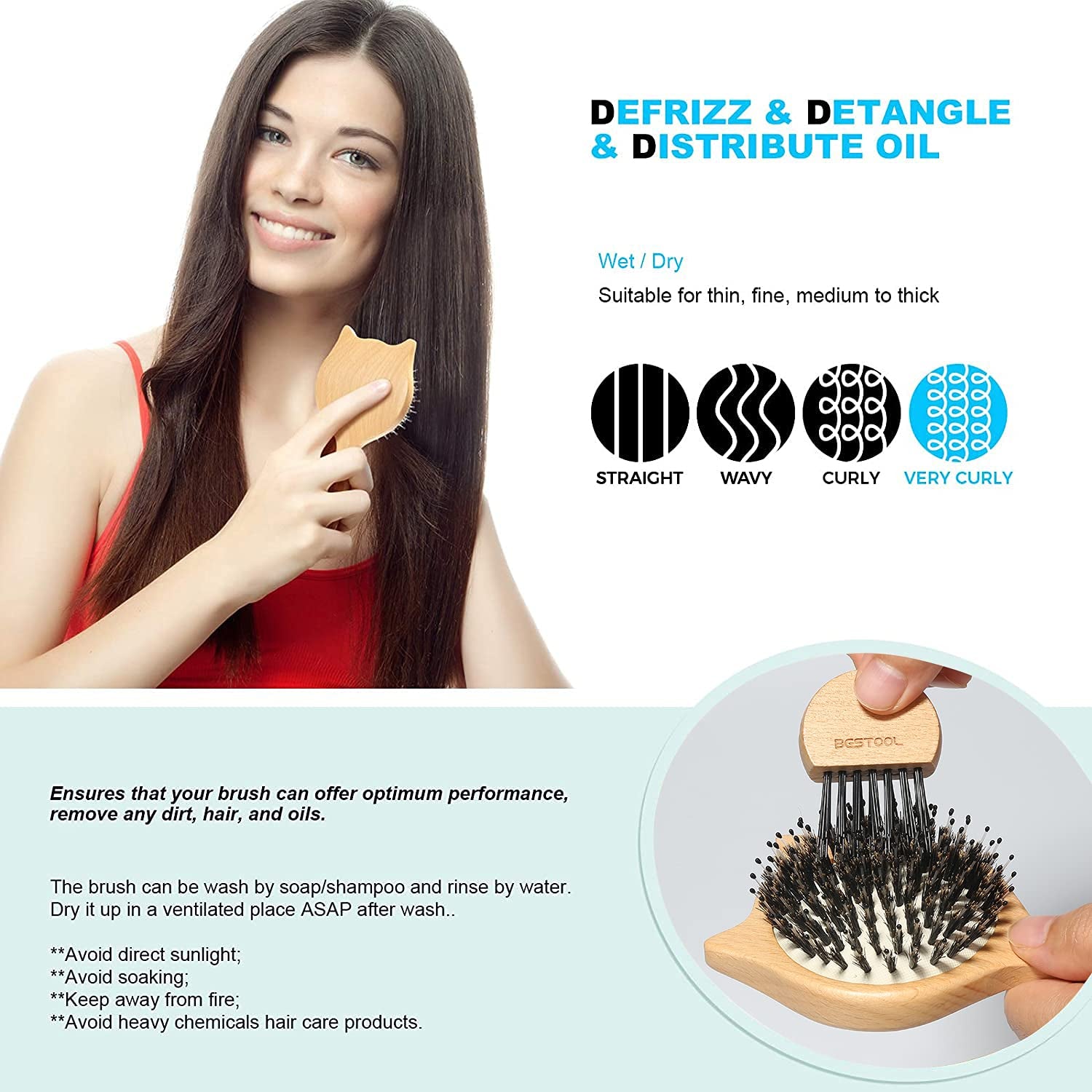 Hair Brush,  Small Travel Hair Brushes for Women, Men or Kids, Wooden Toddler Boar Bristle Hair Brush for Detangling, Defrizz, Distribute Oil (Natural)
