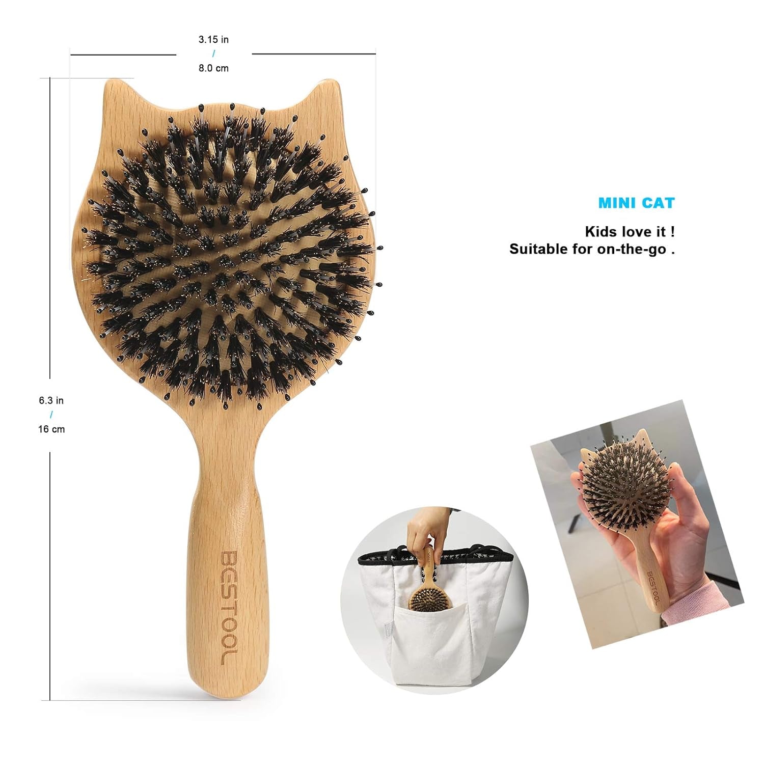 Hair Brush,  Small Travel Hair Brushes for Women, Men or Kids, Wooden Toddler Boar Bristle Hair Brush for Detangling, Defrizz, Distribute Oil (Natural)