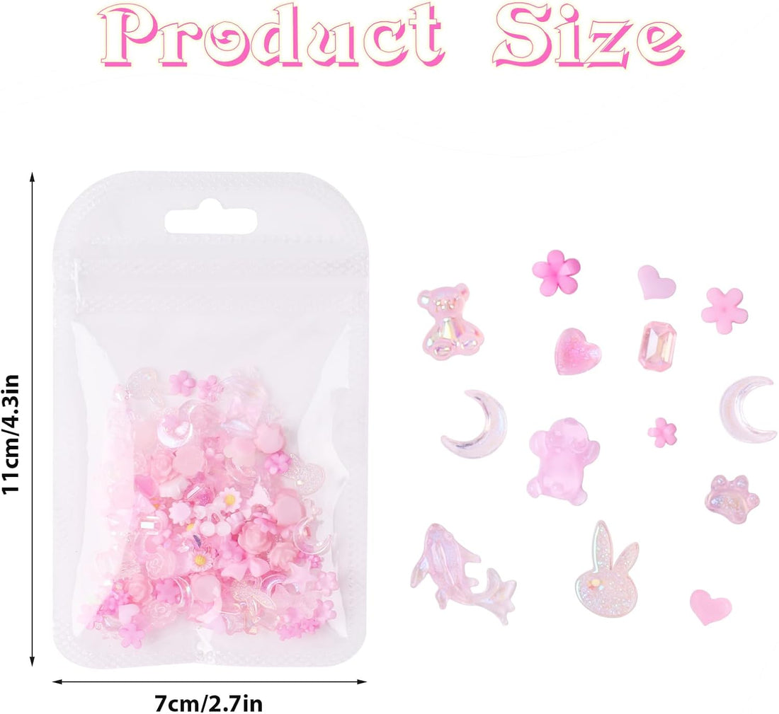 100 PCS 3D Nail Charms Butterfly Bow Star Heart Bear Shiny Jewels Y2K with 3D Flower Nail Gems, Kawaii Nail Rhinestones Crystals Gems for Nail Art Decoration DIY Crafting (Pink)