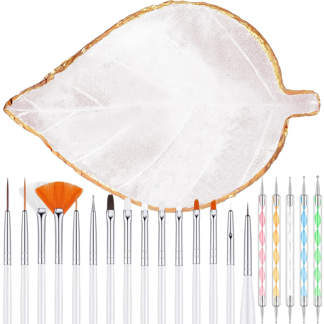 21 Pieces Nail Art Tools Kit, Resin Nail Art Palette Leaf Shape Mixing Palette and 20 Pcs Detail Brushes with Golden Edge Resin Holder Gel Polish Colors Mixing Pallet(White)