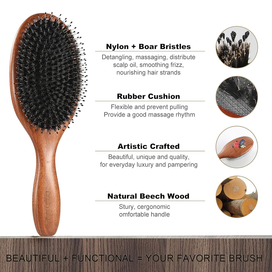 Hair Brush,  Hair Brushes for Women, Men, Kids, Boar Bristle Hair Brush to Maintain Straight, Curly Hair, Hairbrush for Detangling, Defrizz, Distribute Oil (Oval)