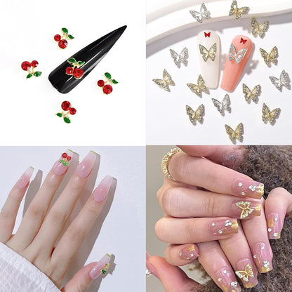 3D Flower Bows Nail Charms, Heart Nail Pearls Charms, Alloy Cherry Butterfly Rhinestones Nail Gems Charms for Junk Cases Nail Art DIY Accessories