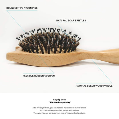 Hair Brush,  Small Travel Hair Brushes for Women, Men or Kids, Wooden Toddler Boar Bristle Hair Brush for Detangling, Defrizz, Distribute Oil (Natural)