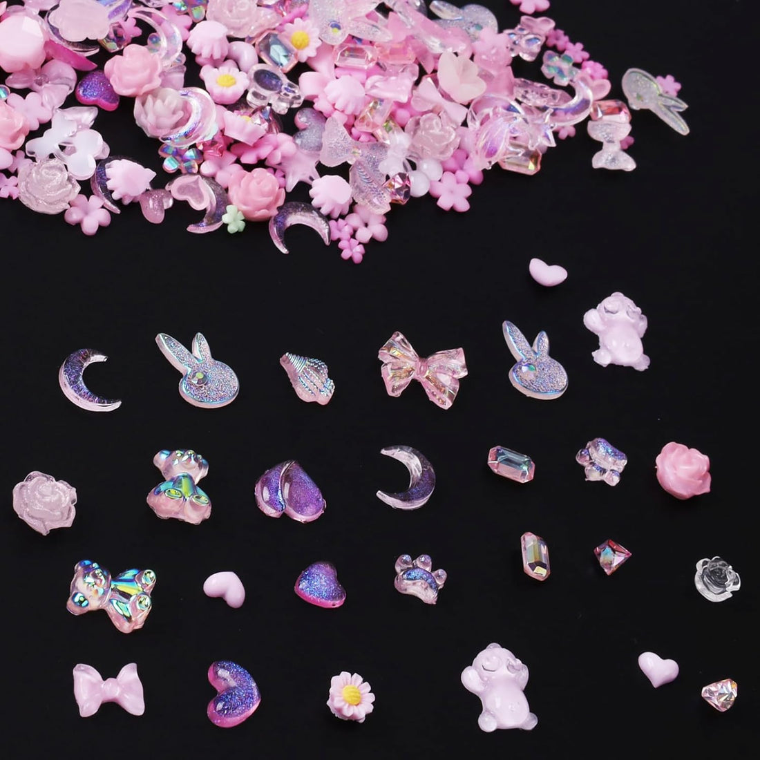 100 PCS 3D Nail Charms Butterfly Bow Star Heart Bear Shiny Jewels Y2K with 3D Flower Nail Gems, Kawaii Nail Rhinestones Crystals Gems for Nail Art Decoration DIY Crafting (Pink)