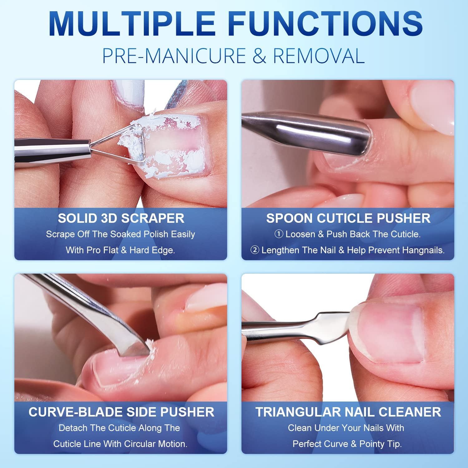 2PCS Metal Silver Cuticle Pusher and Cutter Remover Salon Quality Stainless Steel Gel Nail Polish Peeler Scraper Durable Professional Manicure Pedicure Cleaner Tool for Fingernail and Toenail