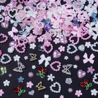 3D Flower Bows Nail Charms, Heart Nail Pearls Charms, Alloy Cherry Butterfly Rhinestones Nail Gems Charms for Junk Cases Nail Art DIY Accessories