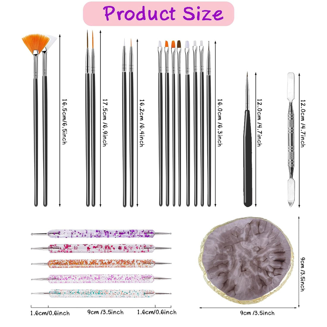 22 Pcs Nail Art Brushes Set, 1 Pcs Resin Nail Art Palette, 15 Pcs Nail Art Brushes, 5 Pcs Nail Art Dotting Pens, a Spatula, Nail Design Tools for Nail Art Home Salon